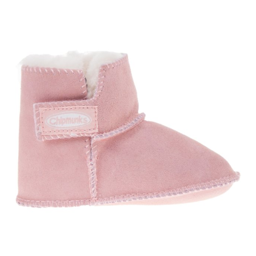 A warm lined velcro fastening slipper boot by Chipmunks, style Jojo in pink suede. Rght side view.