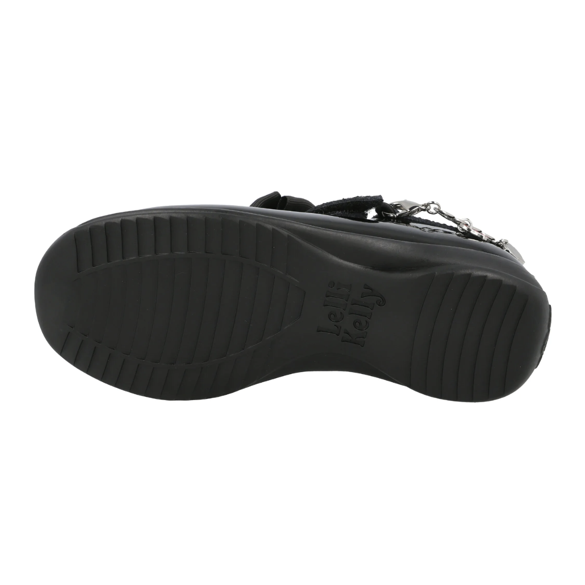 A girls Mary Jane school shoe by Lelli Kelly, style LK8224 Angel, in black patent leather with velcro fastening and detachable fabric bow and bracelet. View of sole.