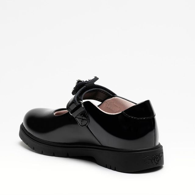 A Mary Jane school shoe by Lelli Kelly, style Delilah LKSO8936, in black patent with detachable embellished charm. Velcro Fastening. Angled left side view.
