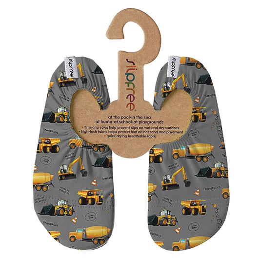 A pair of non-slip swim shoes by Slipfree, style Mixer, in grey and yellow digger print. Front view.