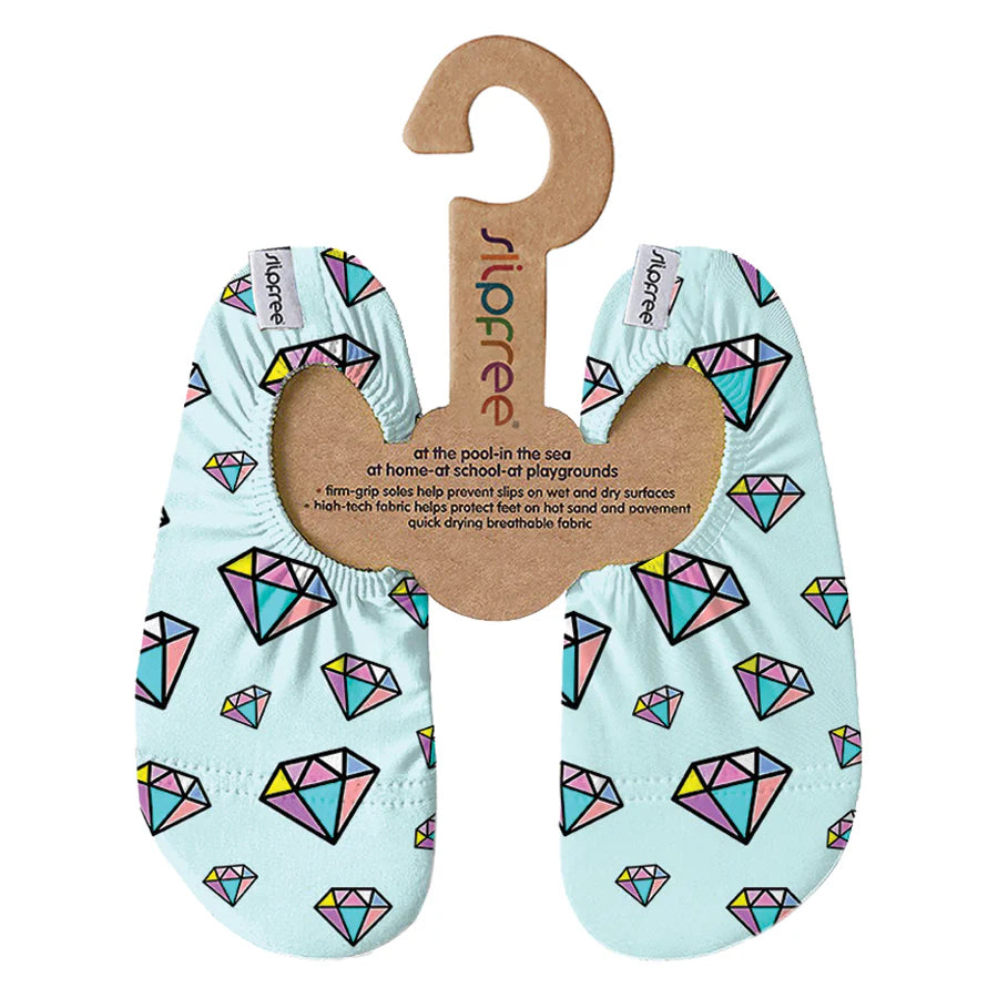A pair of non-slip swim shoes by Slipfree, style Titan, in pale blue and multi gem stone print. Front view.