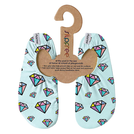 A pair of non-slip swim shoes by Slipfree, style Titan, in pale blue and multi gem stone print. Front view.