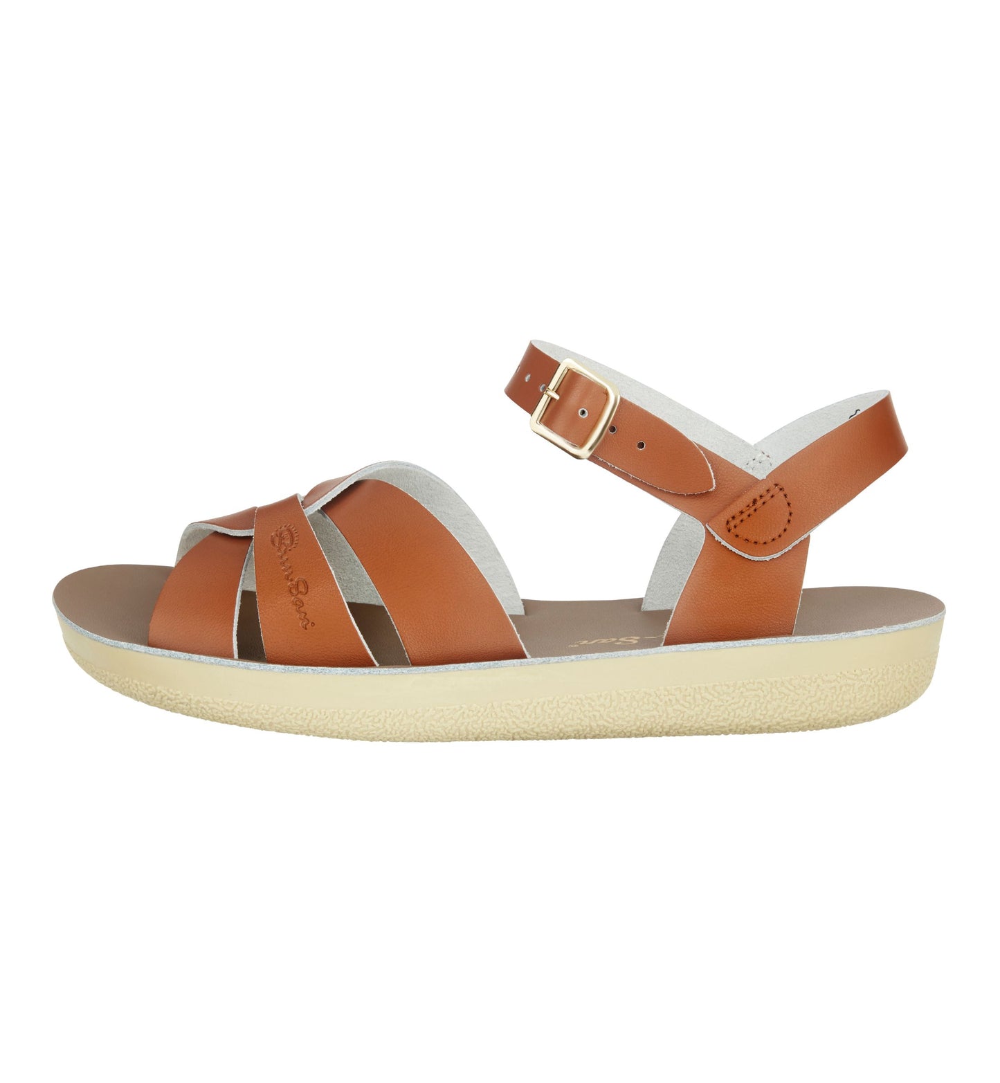 A unisex sandal by Salt Water, style Swimmer in tan, buckle fastening . Left side view.