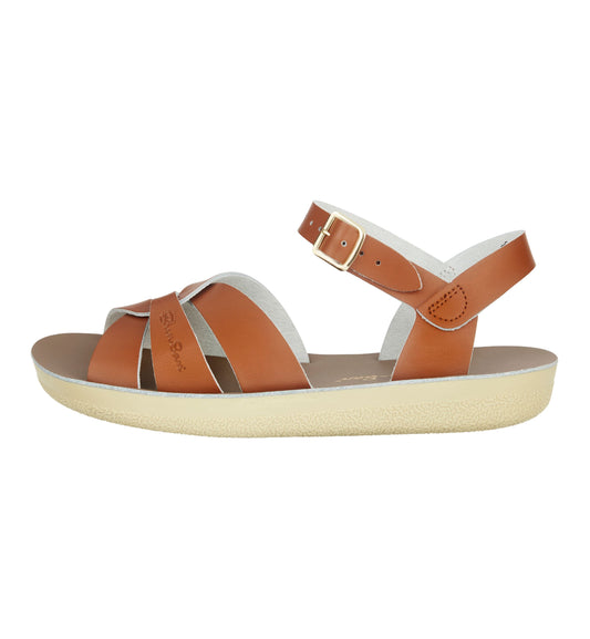 A unisex sandal by Salt Water, style Swimmer in tan, buckle fastening . Left side view.