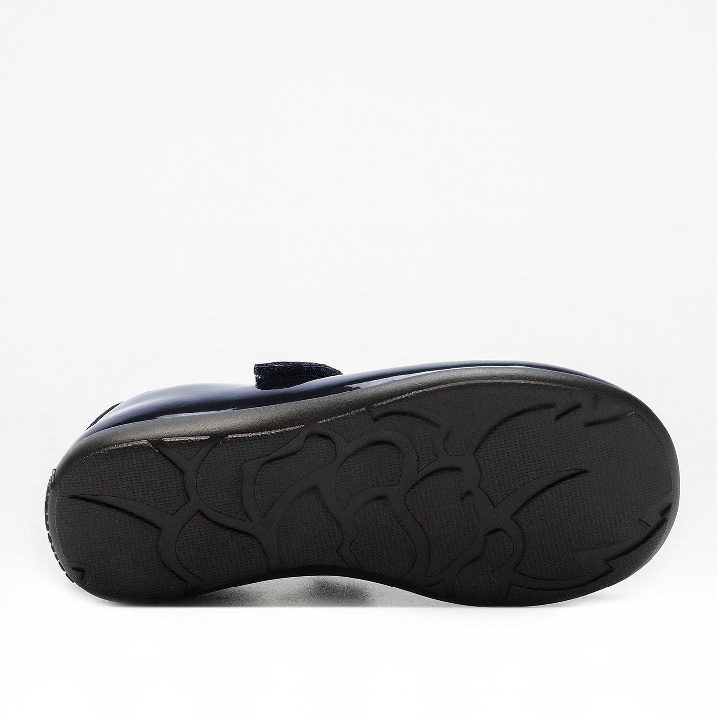 A girls Mary-Jane school shoe by Lelli Kelly, style LKSO8641 Luna 2 in Navy patent leather with velcro fastening and detachable multi coloured embellished butterfly. View of sole.