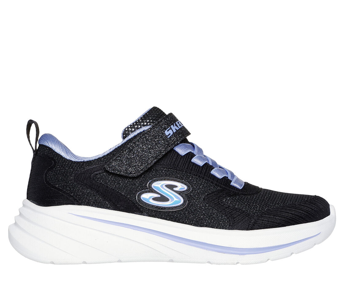 A girls machine washable trainer by Skechers, style Wave 92, in black and glitter  synthetic with bungee lace and velcro fastening. Right side view.