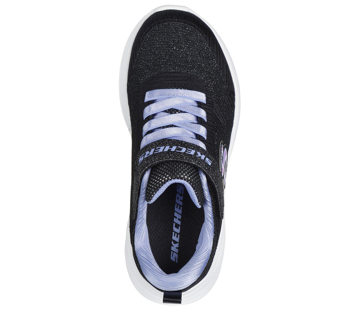 A girls machine washable trainer by Skechers, style Wave 92, in black and glitter  synthetic with bungee lace and velcro fastening. Top view.