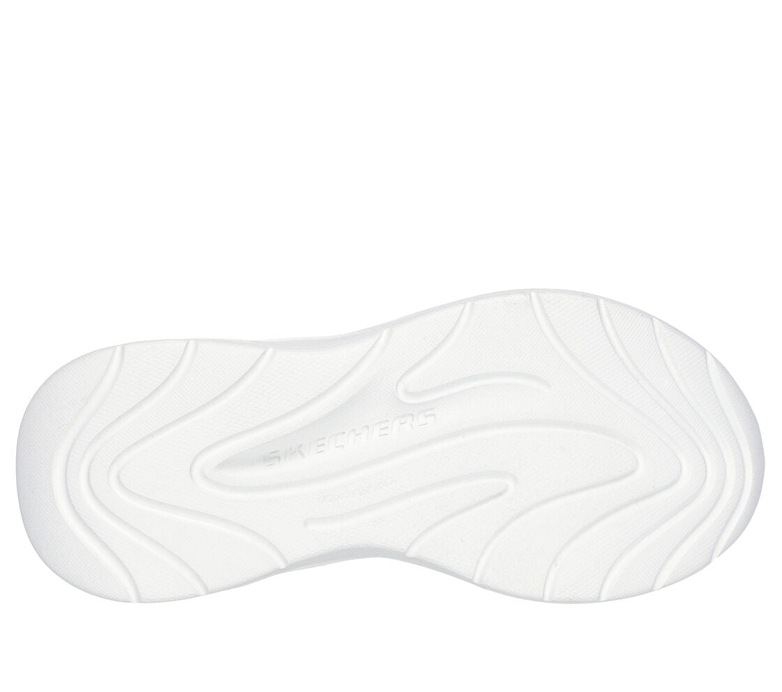 A girls machine washable trainer by Skechers, style Wave 92, in black and glitter  synthetic with bungee lace and velcro fastening. Sole view.