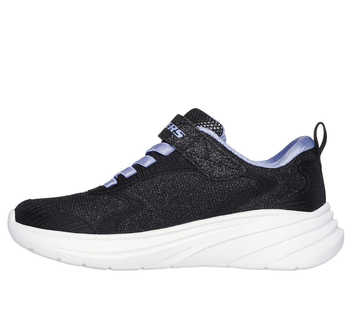 A girls machine washable trainer by Skechers, style Wave 92, in black and glitter  synthetic with bungee lace and velcro fastening. Inside view.