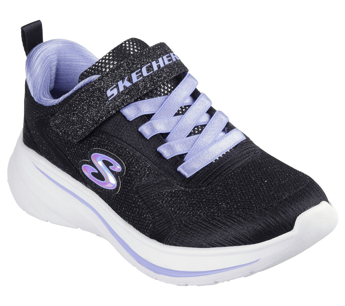 A girls machine washable trainer by Skechers, style Wave 92, in black and glitter  synthetic with bungee lace and velcro fastening. Right side top view.