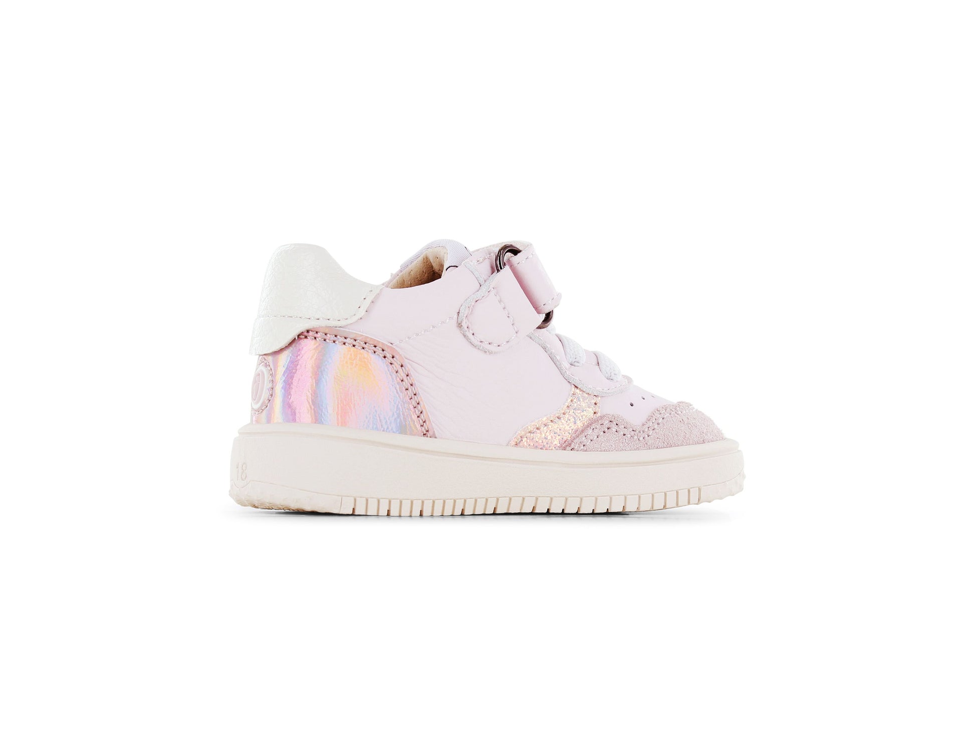 A girls mid top by Shoesme, style BN25S012-C in white and pink, velcro and elastic lace fastening. Left inner side view.