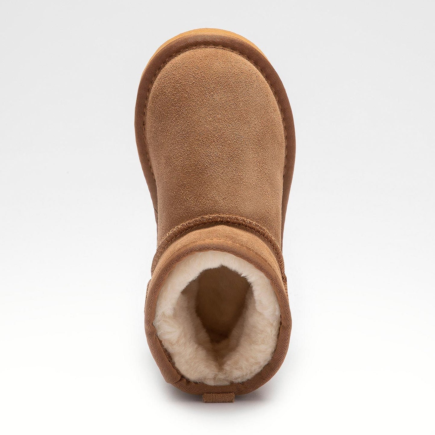 A girls warm lined pull on ankle boot by Lelli Kelly, style LKHK2262 Giulia, in brown suede with cream fur lining. View from above.