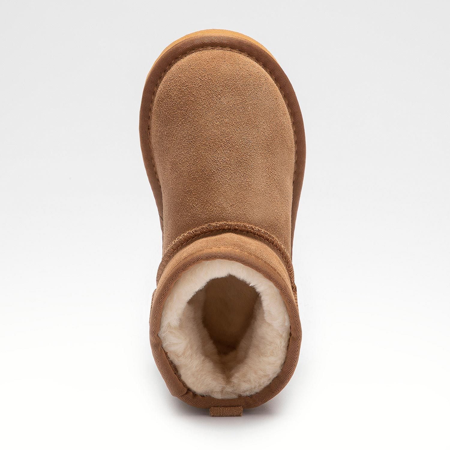 A girls warm lined pull on ankle boot by Lelli Kelly, style LKHK2262 Giulia, in brown suede with cream fur lining. View from above.