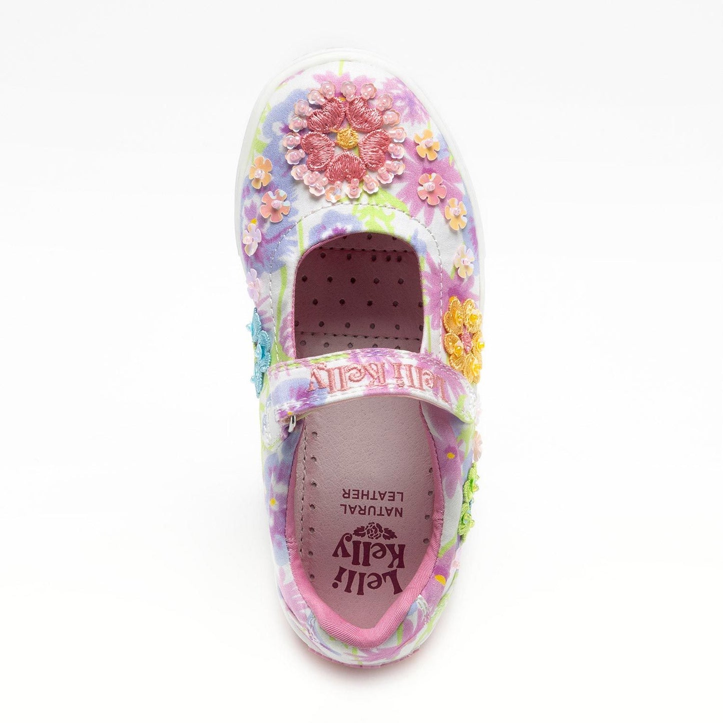 A girls embellished canvas Mary Jane by Lelli Kelly, style LKED4911 Eloise Dolly, in white multi with velcro fastening. Above view.