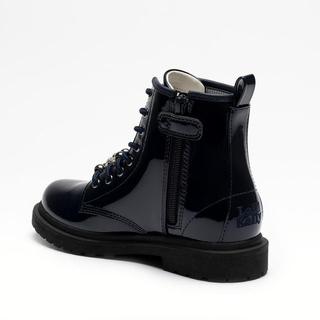 A girls boot by Lelli Kelly, style LKHG7505 Willow, in black patent with embellished beads on laces. Lace and zip fastening. Left angled view.