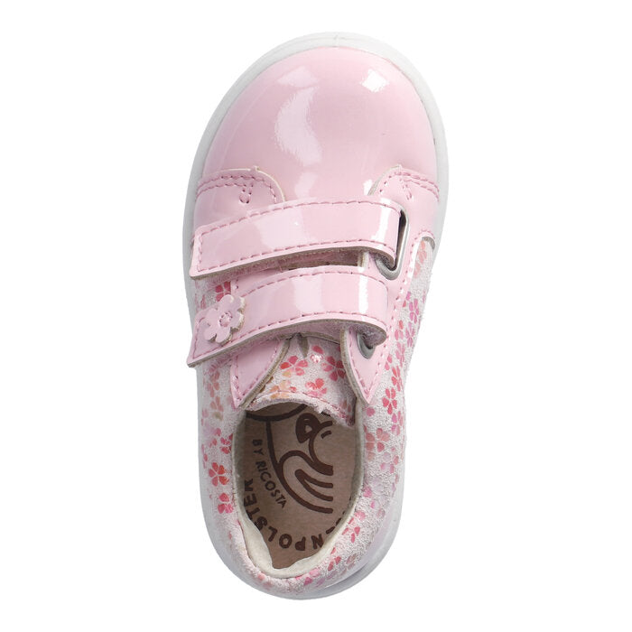 A girls shoe by Ricosta, style Jasmine, in pink patent leather with flower print and double velcro fastening. Above view.