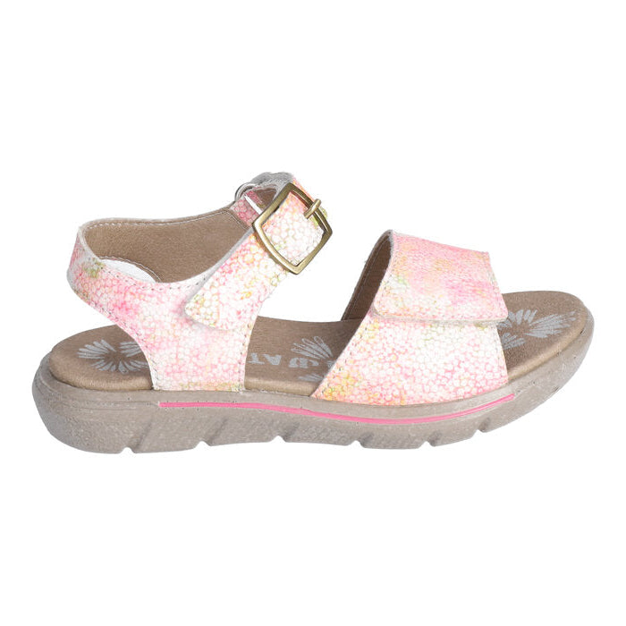 A girls open toe sandal by Ricosta, style Samira, in neon pink multi with velcro fastening. Right side view.