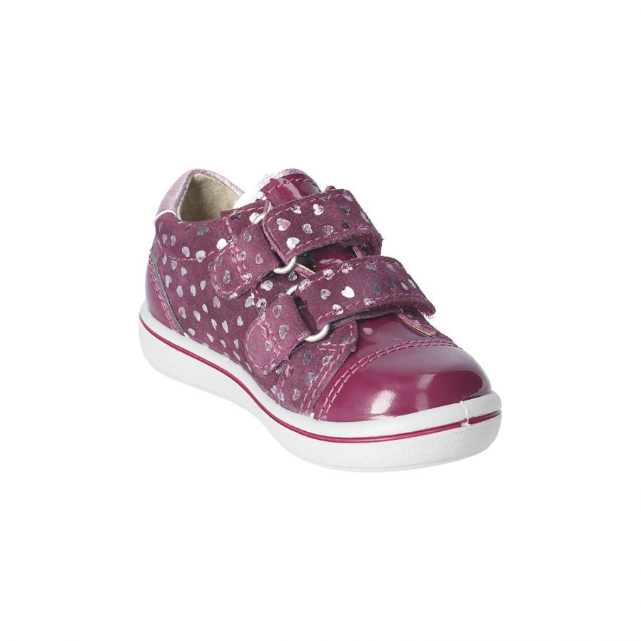 A girls shoe by Ricosta, style Lenie, double velcro fastening in merlot with silver heart print. Left angled inner side view.