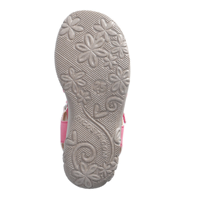 A girls sandal by Ricosta in style Camilla in pink, with crochet flower details and velcro strap. View of sole