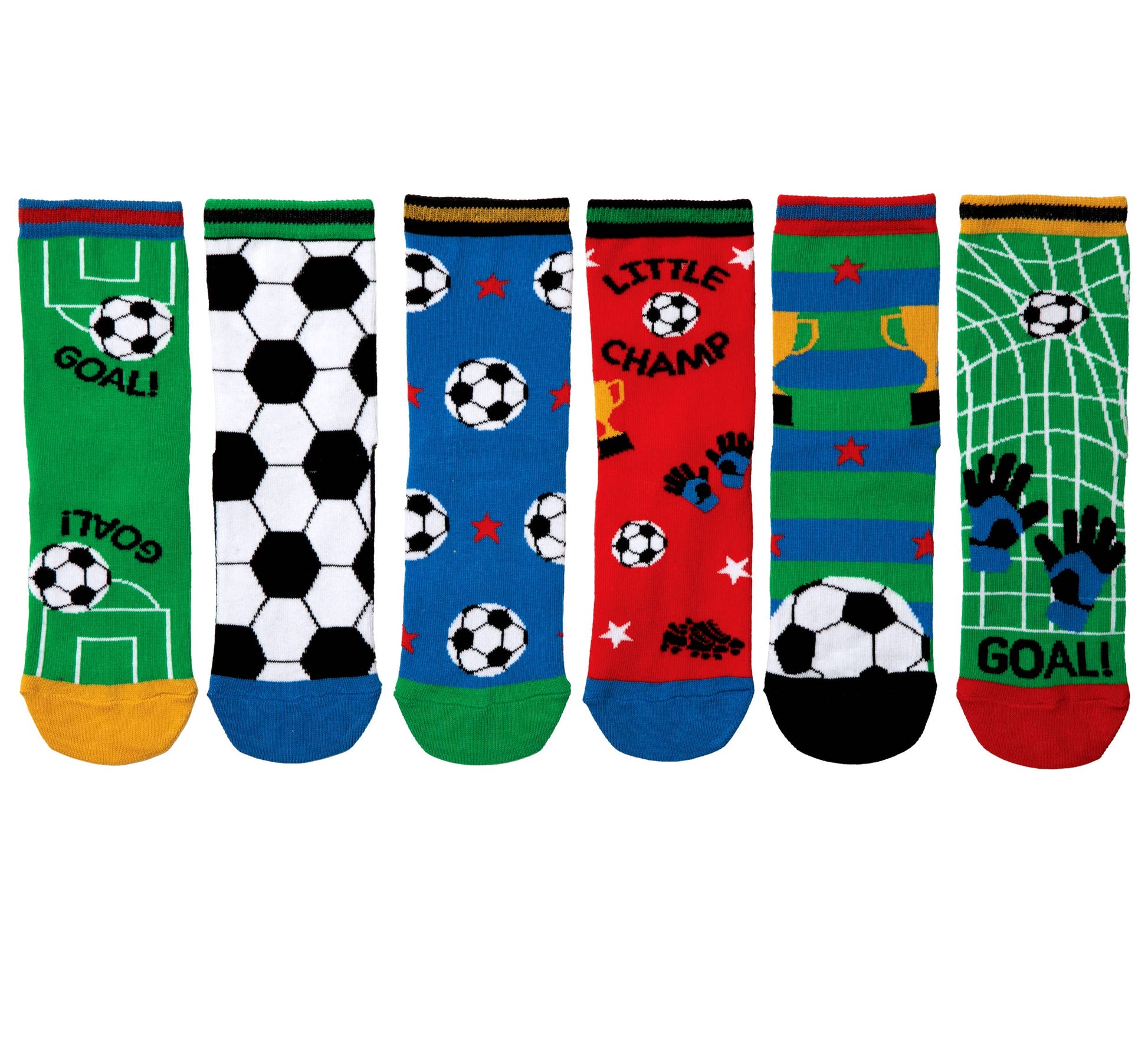3 pairs of non matching multicoloured football socks by United Odd socks. Style Little Champ. Front view.