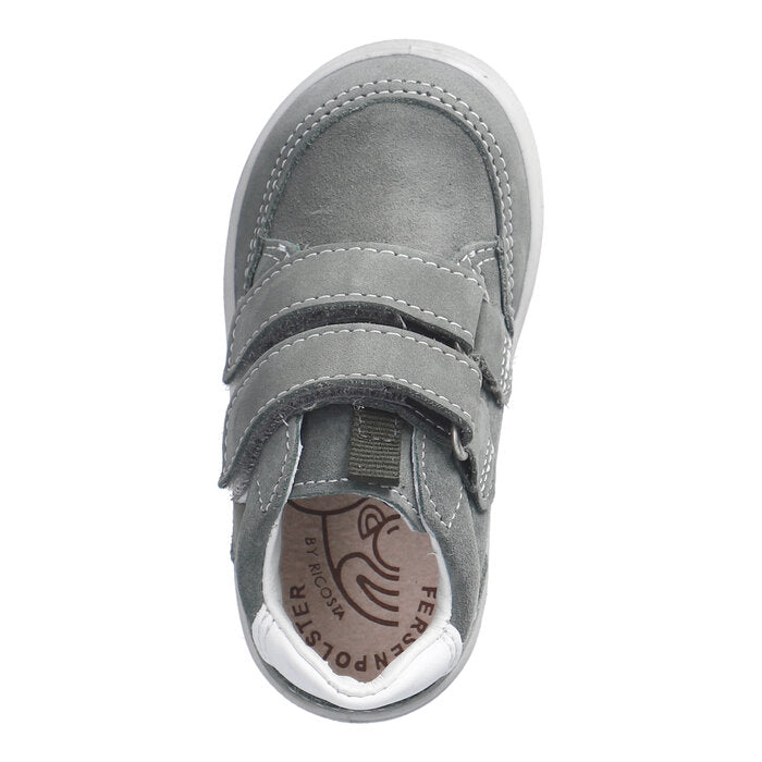 A boys mid-top waterproof boot by Ricosta, style Kito 2003202/570, in green with white trim and double Velcro fastening. Above view.
