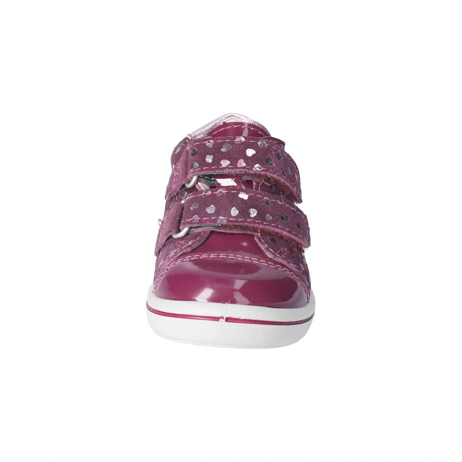 A girls shoe by Ricosta, style Lenie, double velcro fastening in merlot with silver heart print. Front view.
