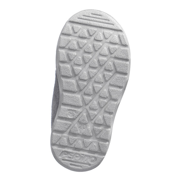 A boys waterproof boot by Ricosta, style Kimi, in grey with double velcro fastening. Sole view.