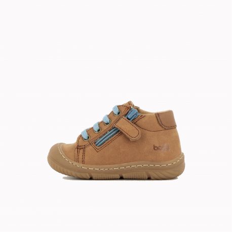 A boys first shoe by Bopy, style Jejoc in tan with lace / zip fastening. Right inside view.