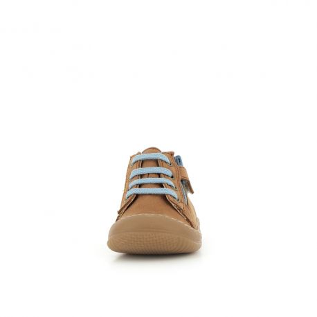 A boys first shoe by Bopy, style Jejoc in tan with lace / zip fastening. Front view.