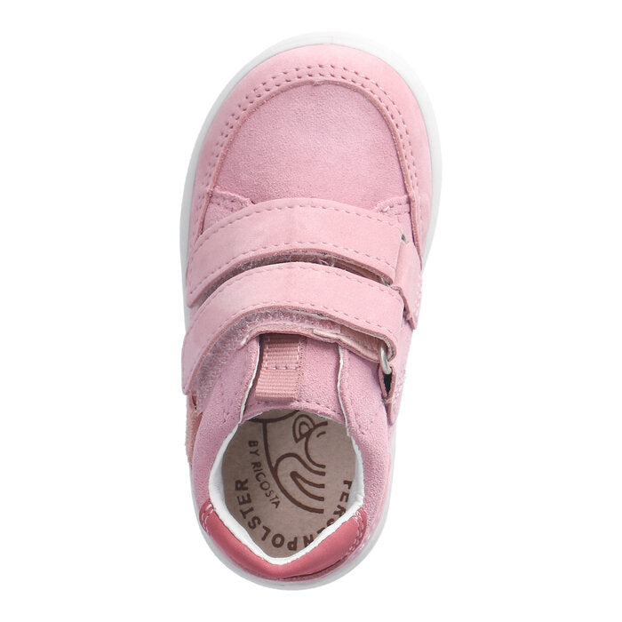 A girls mid-top waterproof boot by Ricosta, style Kito 50 2003202/330, in pale pink with bright pink trim and double Velcro fastening. Above view.