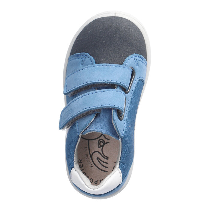 A boys velcro shoe by Ricosta, style Riley in navy and blue with white trim and double velcro fastening. Above view.