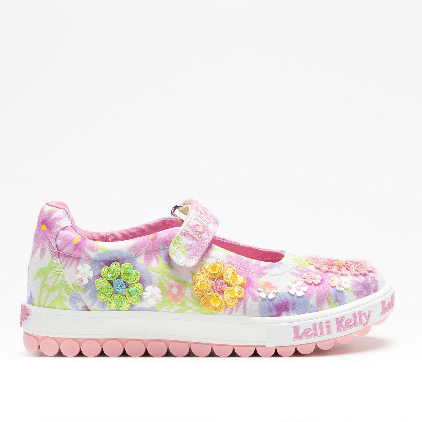 A girls embellished canvas Mary Jane by Lelli Kelly, style LKED4911 Eloise Dolly, in white multi with velcro fastening. Right side view.