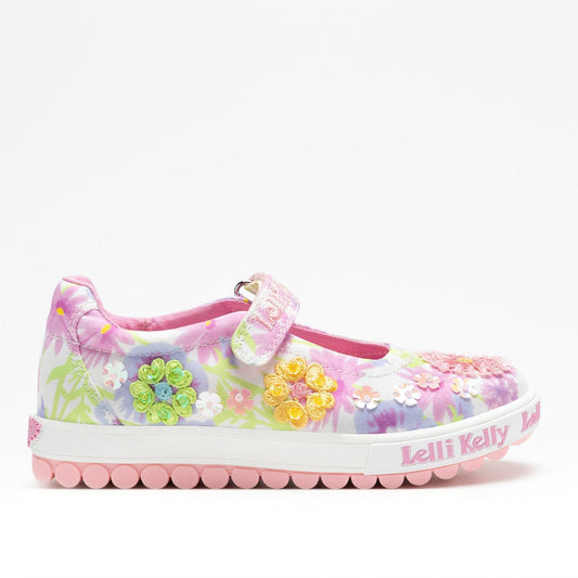 A girls embellished canvas Mary Jane by Lelli Kelly, style LKED4911 Eloise Dolly, in white multi with velcro fastening. Right side view.