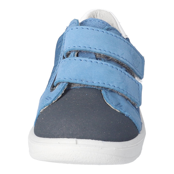 A boys velcro shoe by Ricosta, style Riley in navy and blue with white trim and double velcro fastening. Front view.