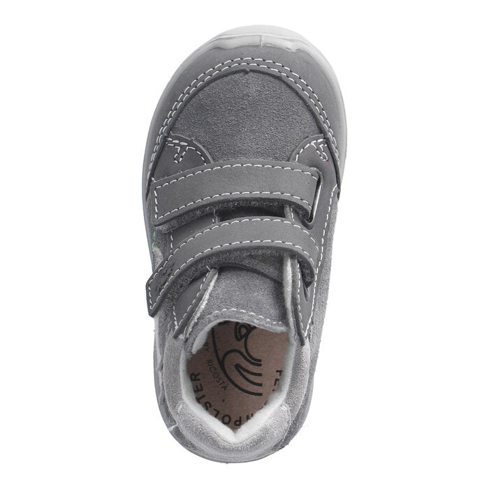A boys waterproof boot by Ricosta, style Kimi, in grey with double velcro fastening. Above view.