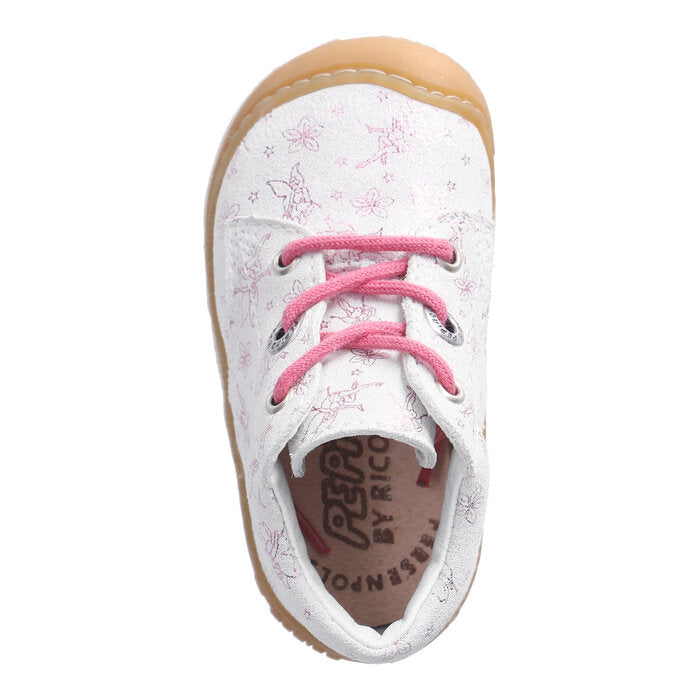 A girls ankle boot by Ricosta, style Dots 50 1200502/830 , in white leather with pink fairy print and pink laces. Toe bumper. Above view.