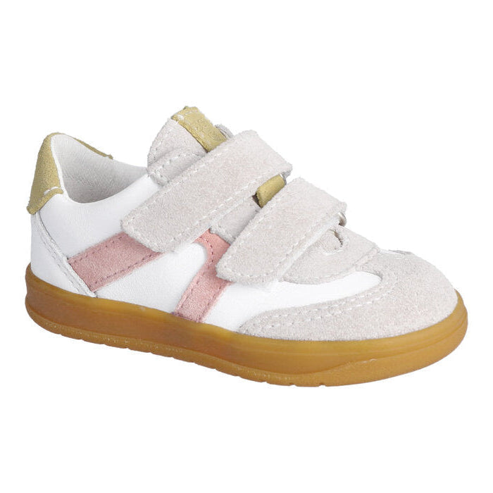 A girls casual shoe by Ricosta, style Dakota in white/pink with pink stripe detail on the side and beige detail on ankle and tongue. Right side view 