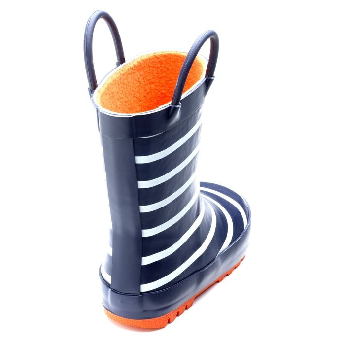 A unisex fleece lined welly by Chipmunks, style Jack, in navy, white and orange. Angled view of back.