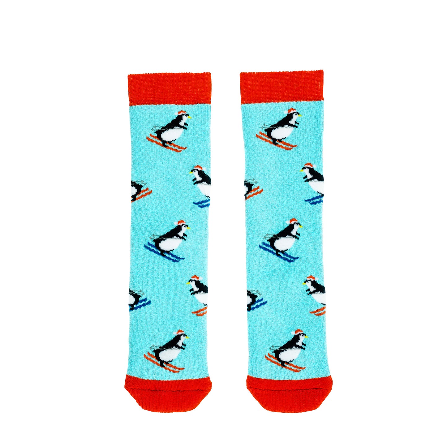 A pair of Mini welly socks by Squelch, style Penguins, in turquoise with skiing penguin print and red trim. Front view.