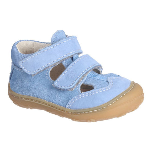 A unisex sandal by Ricosta, style Ebi in cloud blue with two velcro straps and toe and heel bumpers. Right side view
