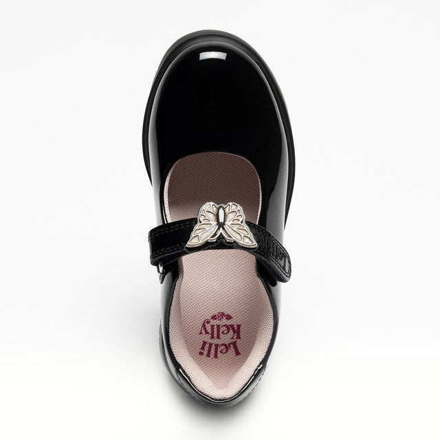 A Mary Jane school shoe by Lelli Kelly, style Delilah LKSO8936, in black patent with detachable embellished charm. Velcro Fastening. Above view.