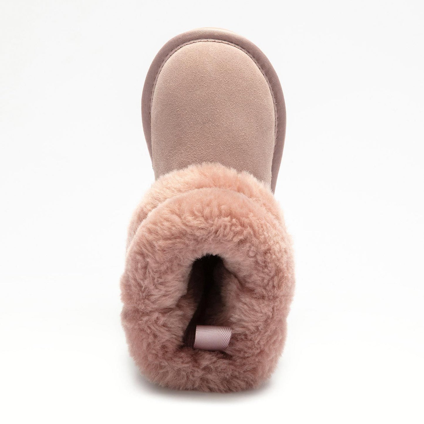 A girls pull on calf length boot by Lelli Kelly, style LKHA3766, in blush pink suede with fur cuff and diamante trim. Above view.