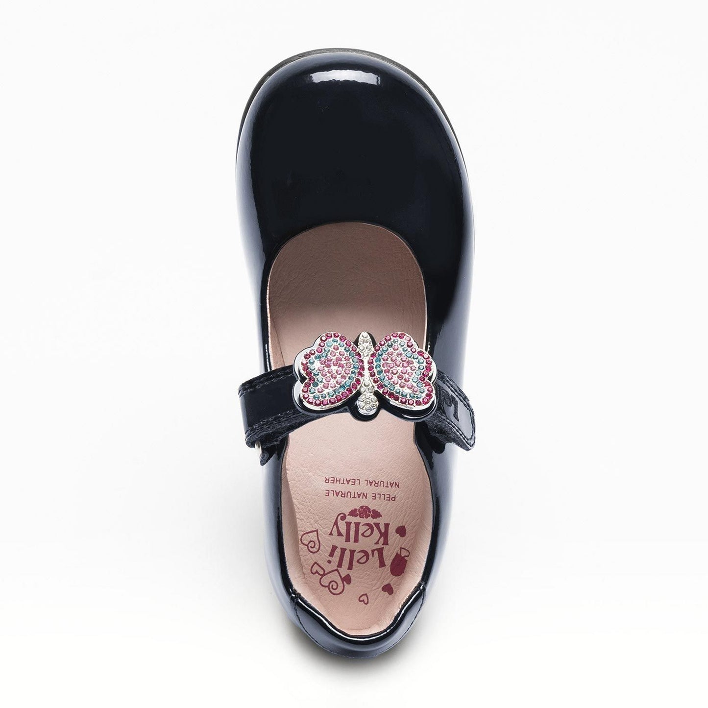 A girls Mary-Jane school shoe by Lelli Kelly, style LKSO8641 Luna 2 in Navy patent leather with velcro fastening and detachable multi coloured embellished butterfly. View from above.