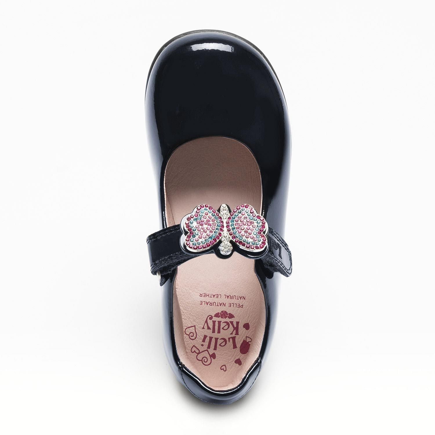 A girls Mary-Jane school shoe by Lelli Kelly, style LKSO8641 Luna 2 in Navy patent leather with velcro fastening and detachable multi coloured embellished butterfly. View from above.