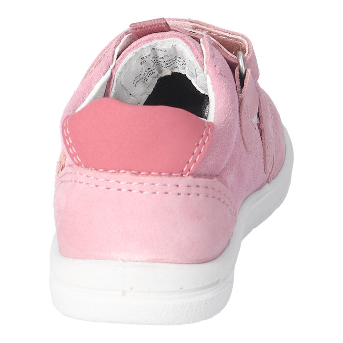 A girls mid-top waterproof boot by Ricosta, style Kito 50 2003202/330, in pale pink with bright pink trim and double Velcro fastening. Back view.