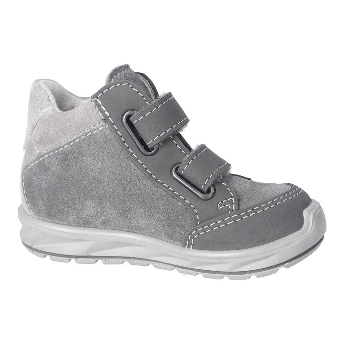 A boys waterproof boot by Ricosta, style Kimi, in grey with double velcro fastening. Left side view.