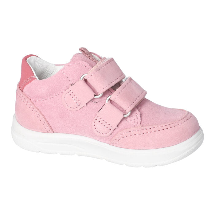 A girls mid-top waterproof boot by Ricosta, style Kito 50 2003202/330, in pale pink with bright pink trim and double Velcro fastening. Left  side view.