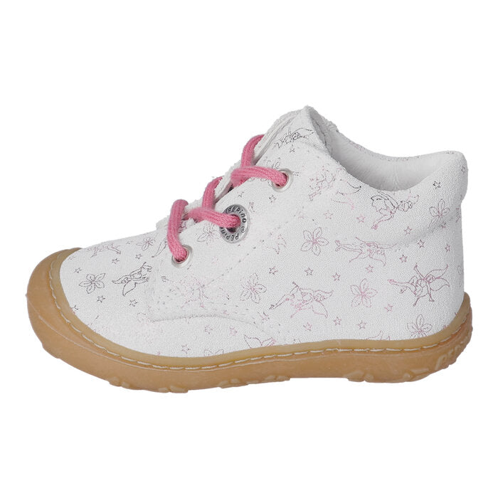 A girls ankle boot by Ricosta, style Dots 50 1200502/830 , in white leather with pink fairy print and pink laces. Toe bumper. Left side view.