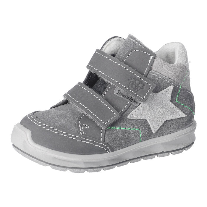 A boys waterproof boot by Ricosta, style Kimi, in grey with double velcro fastening. Right side view.