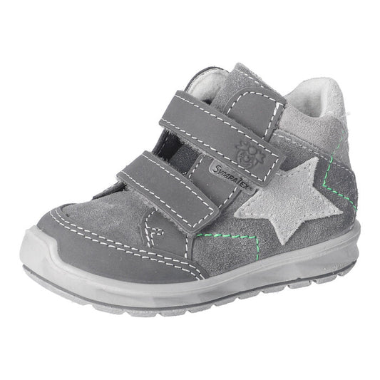 A boys waterproof boot by Ricosta, style Kimi, in grey with double velcro fastening. Right side view.